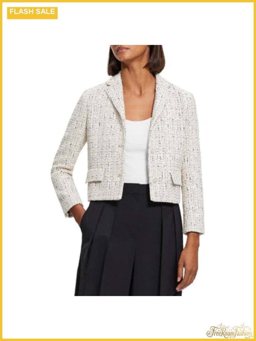 Tweed Crop Jacket Button Front Long Sleeve Cotton Blend